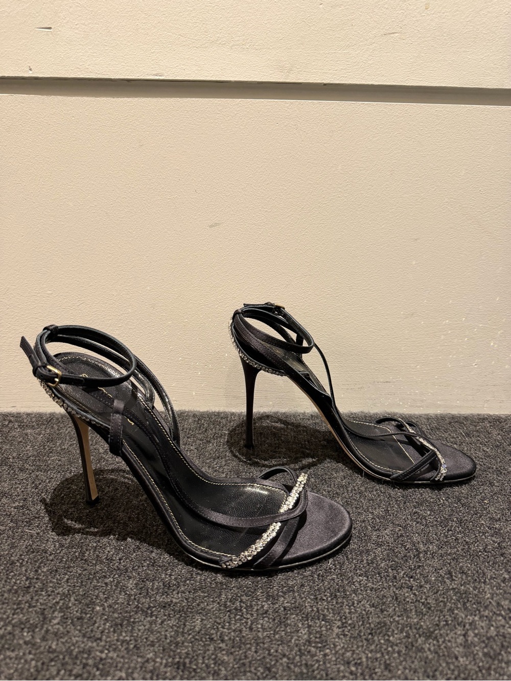 Sergio Rossi Black Rhinestone Strap Stiletto Sandals